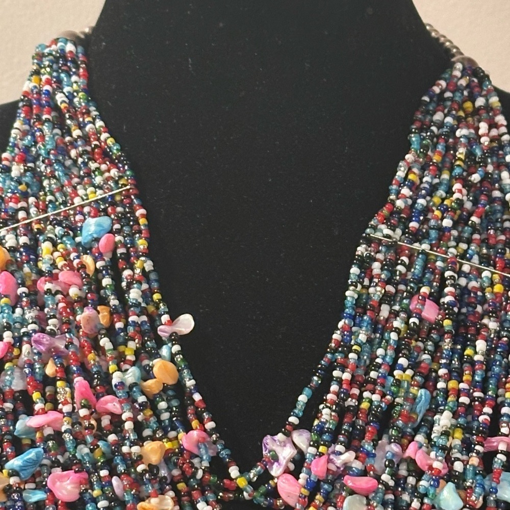 Multi-strand Shells & Seed Beads Multicolored Bib Necklace Layered Bright Pastel - Picture 3 of 15
